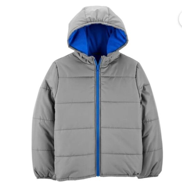 Carter’s Boy’s Gray Blue Full Zip Fleece Lined Hooded Puffer Jacket Coat Size 7 - Picture 1 of 16